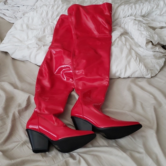 red latex thigh high boots